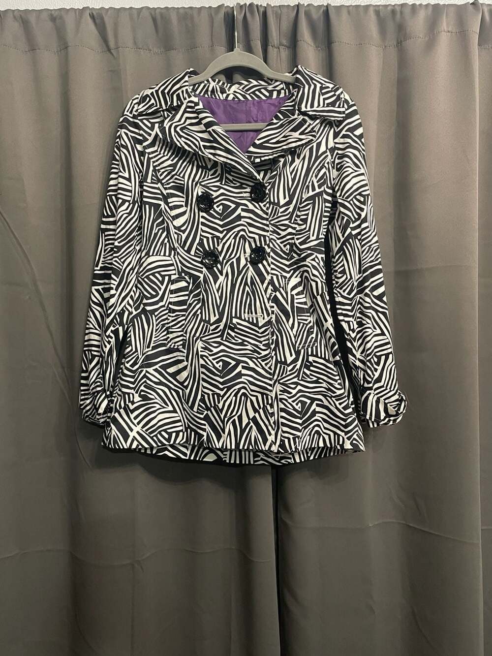 Animal Print Black, White Zebra Pattern Double Breasted Coat with Purple Lining